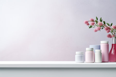 White shelf with cosmetic products and pink flowers. Mock-up, 3D Renderingの素材