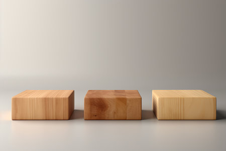 3D render of three wooden podiums on a gray background.の素材