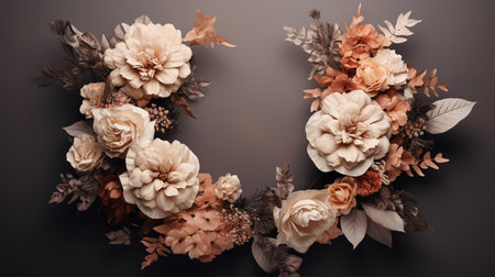 Wreath of beautiful flowers on black background. Flat lay, top view.の素材