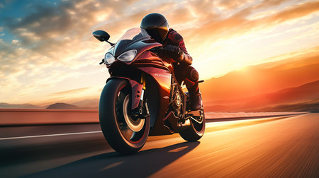 Motorcyclist riding a sports motorbike on the road at sunset.の素材