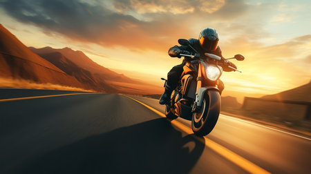 Motorcycle riding on the road at sunset.3d rendering.の素材