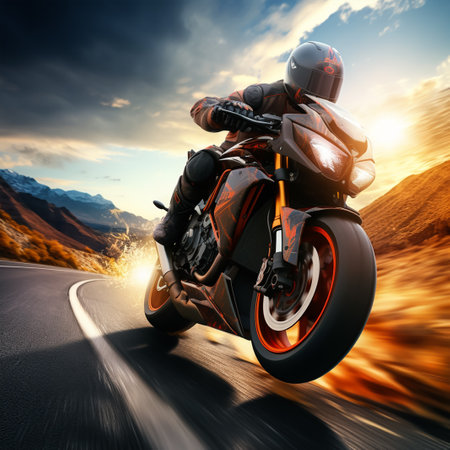 Motorcycle rider riding on a fast country road. 3d renderingの素材