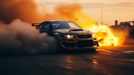 Burning car on the road. Burning car on the road.の素材