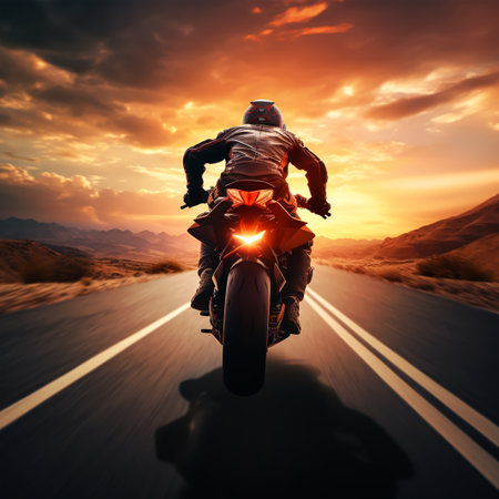 Motorcycle rider on the road at sunset. 3D Renderingの素材