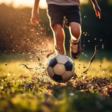 Close up of a soccer player kicking the ball on the football fieldの素材