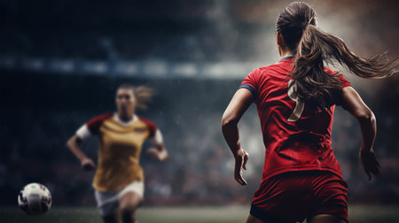 Young female soccer player in action on the field at night under spotlightsの素材