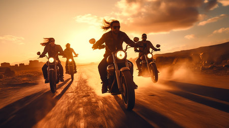 Motorcyclists riding on the road in the desert during sunset.の素材
