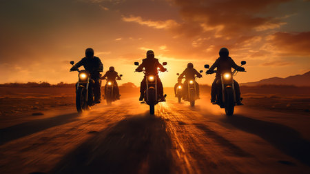 Group of motorcyclists on road at sunset. Motorcycle travel conceptの素材