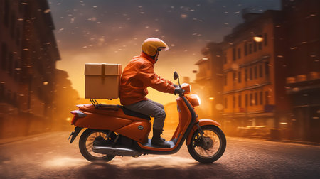 Delivery man on scooter delivering parcel box in city at night conceptの素材