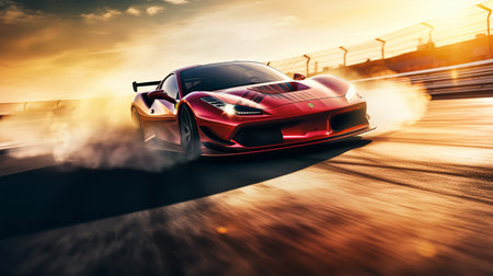 3D rendering of a red sports car with motion blur effect.の素材