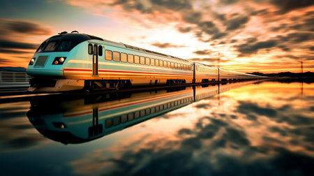 Train on the road at sunset with reflection in water. 3d renderingの素材