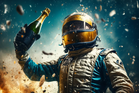 Man in helmet with a bottle of champagne flying in the air.の素材