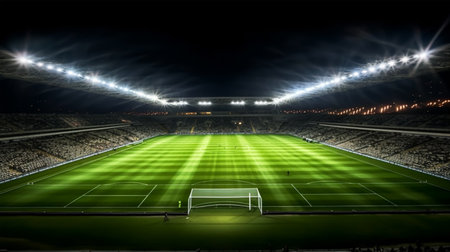 Soccer stadium at night with lights and flashes 3D illustration.の素材