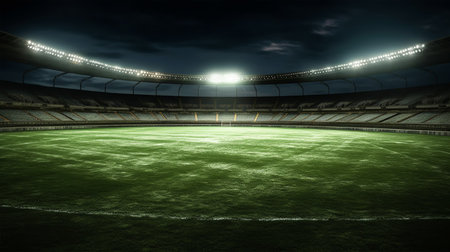Soccer or football stadium with green grass at night. 3D renderingの素材