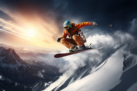 Flying skier on mountains. Extreme winter sports. 3d renderingの素材