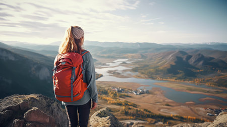 A girl with a backpack is standing on the edge of a cliff and looking at the valley.の素材