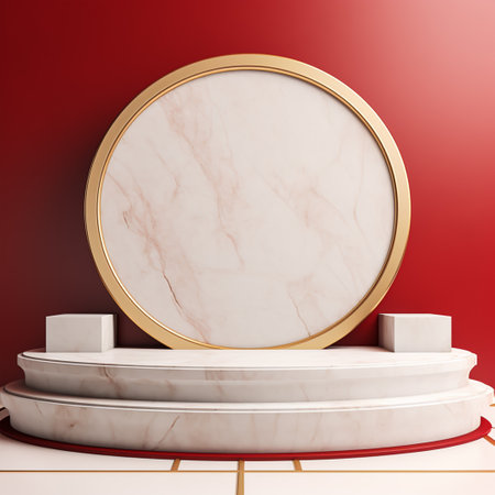 Podium with round golden frame on red background. 3d renderingの素材