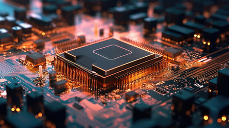 Close-up of electronic circuit board with processor. 3d renderingの素材