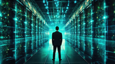 Back view of businessman looking at futuristic server room with binary code. 3D Renderingの素材