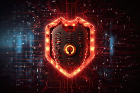 3d rendering of cyber security concept with shield on circuit board backgroundの素材