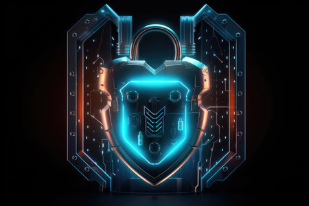 Cyber security concept. Futuristic padlock on black background 3D renderingの素材