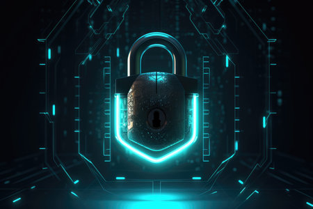 Cyber security concept. Pad lock on circuit board. 3D renderingの素材