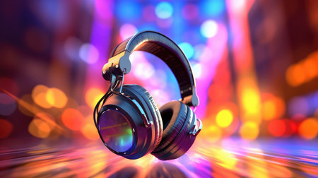 Headphones on colorful background. 3d illustration. music concept.の素材