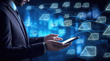 Close up of businessman using smartphone with glowing email icons on dark backgroundの素材