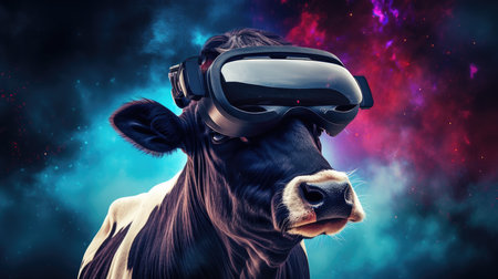 Cow wearing virtual reality goggles. Virtual reality concept. 3D Renderingの素材