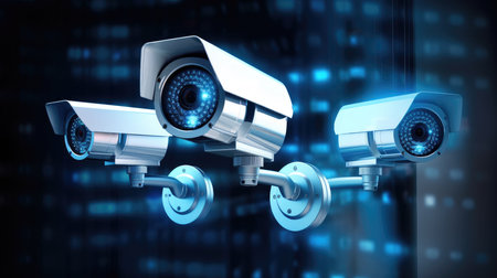Digital illustration of security camera in color background. 3D rendering.の素材