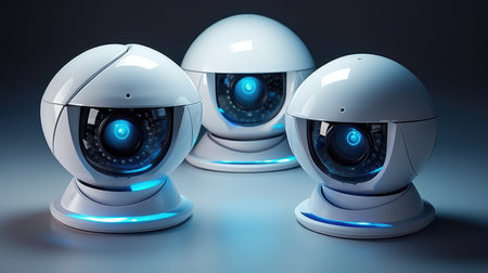 3d rendering of three security cameras with blue lights on a dark backgroundの素材