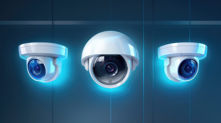 3d rendering of security camera or cctv on blue backgroundの素材