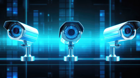 Digital illustration of security camera in color background. 3D rendering.の素材