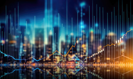 Financial stock market graph and candlestick chart on blurred night city background. Double exposureの素材