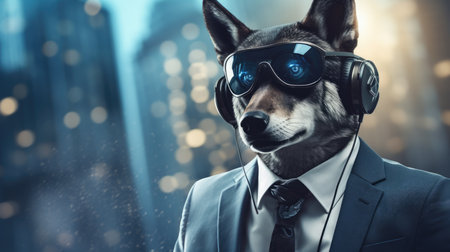 Portrait of a dog dressed in a suit and a tie with headphones and glassesの素材