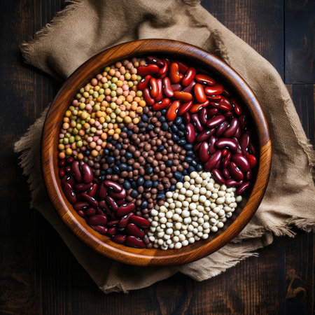 Variety of beans in bowl on wooden background. Top view.の素材