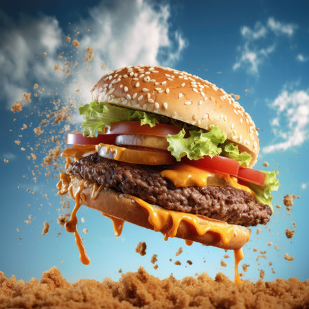 Big tasty hamburger with flying ingredients on blue sky background. Fast food conceptの素材