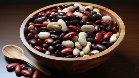 Assorted beans in a wooden bowl on a wooden table. Selective focus.の素材