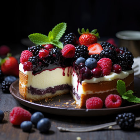 Cheesecake with fresh berries, selective focus, close-upの素材