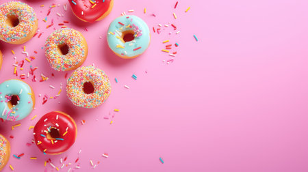 Colorful donuts with sprinkles on pink background, top viewの素材