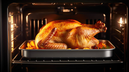 Roasted whole chicken with baked potatoes in oven, closeup viewの素材