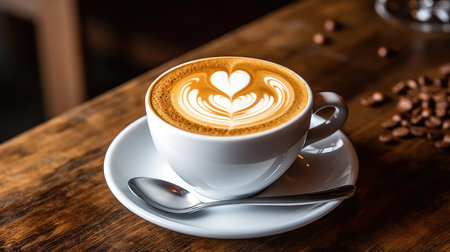 cup of coffee latte art on wooden table in coffee shop.の素材