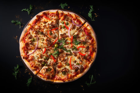 Pizza with meat and vegetables on a black background. Top viewの素材