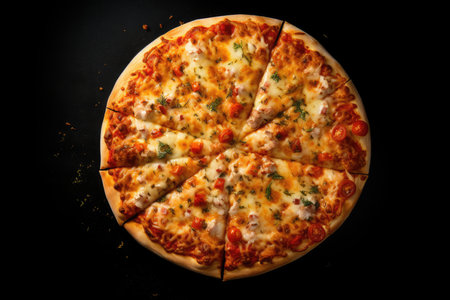 Pizza with mozzarella cheese and tomato sauce on black backgroundの素材