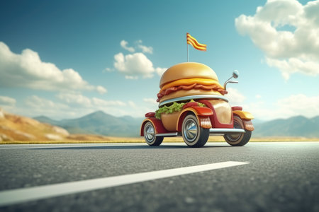 Hamburger driving on the road. 3d rendering toned imageの素材