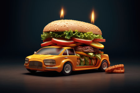 Hamburger with burning candle on the car. 3d illustrationの素材
