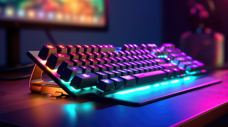 Computer keyboard with blue and pink neon lights. 3D illustration.の素材