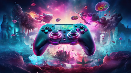Gamepad in fantasy landscape with spaceship and alien planet. 3D renderingの素材