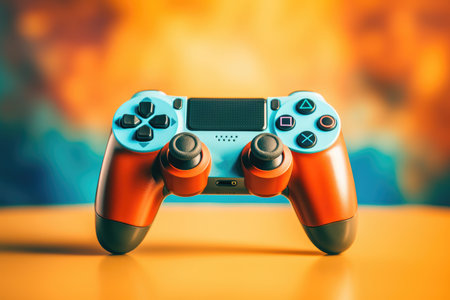Modern video game controller on yellow table. Selective focus. Toned.の素材
