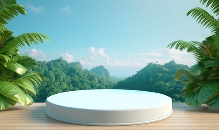 Wooden Cosmetic Product Display Podium with Lush Green Nature Garden Background, Product Podiumの素材